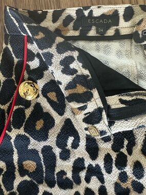 Escada Leopard Print Jacket with Gold-Tone Buttons and Red Piping